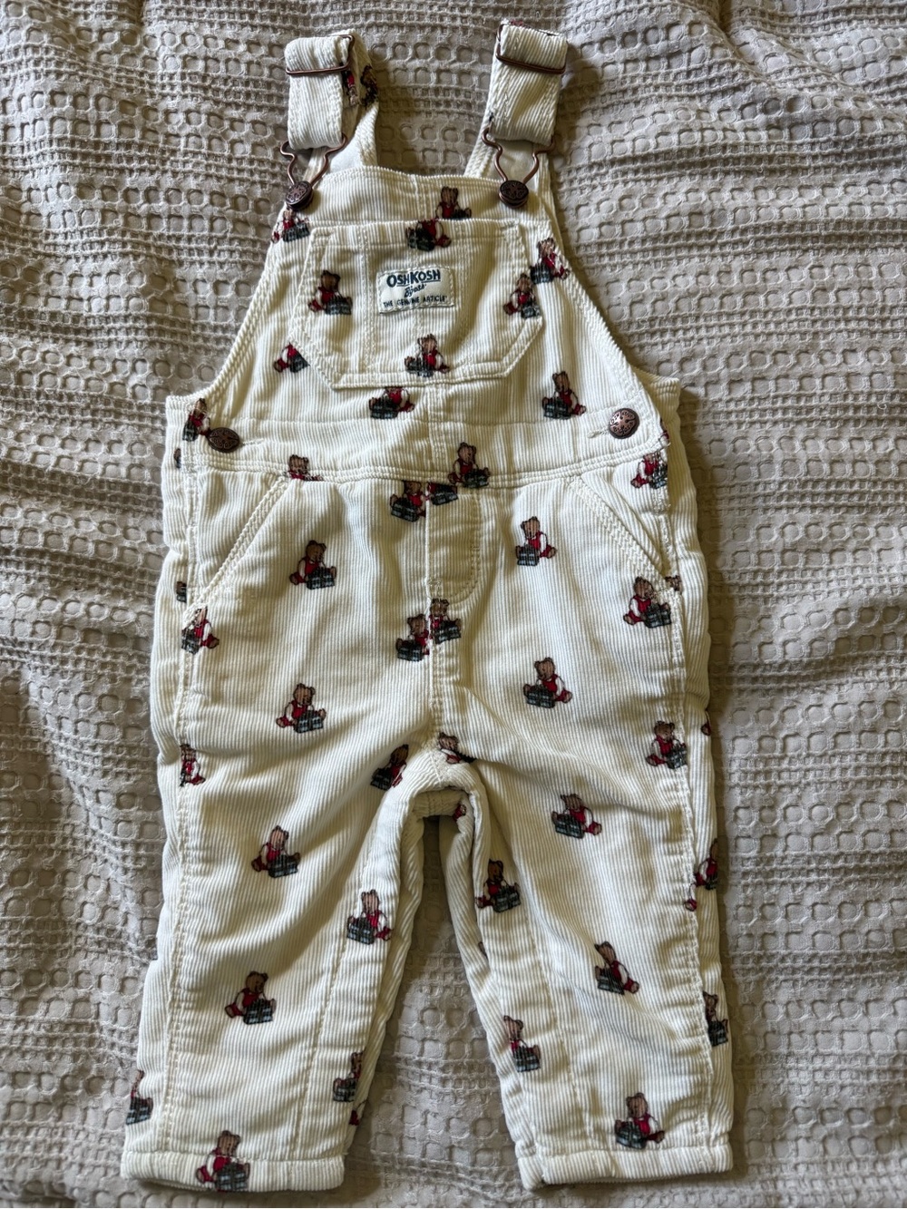 OshKosh B'gosh Cream Corduroy Overalls with Red Bear Accent